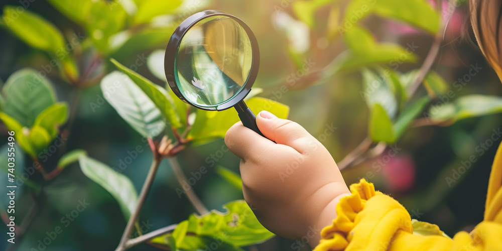 Little boy's hand holding a magnifying glass to investigate in nature