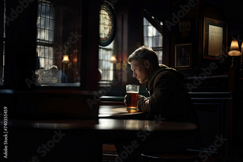 Single, lonely man drinking a pint of ale in a British pub