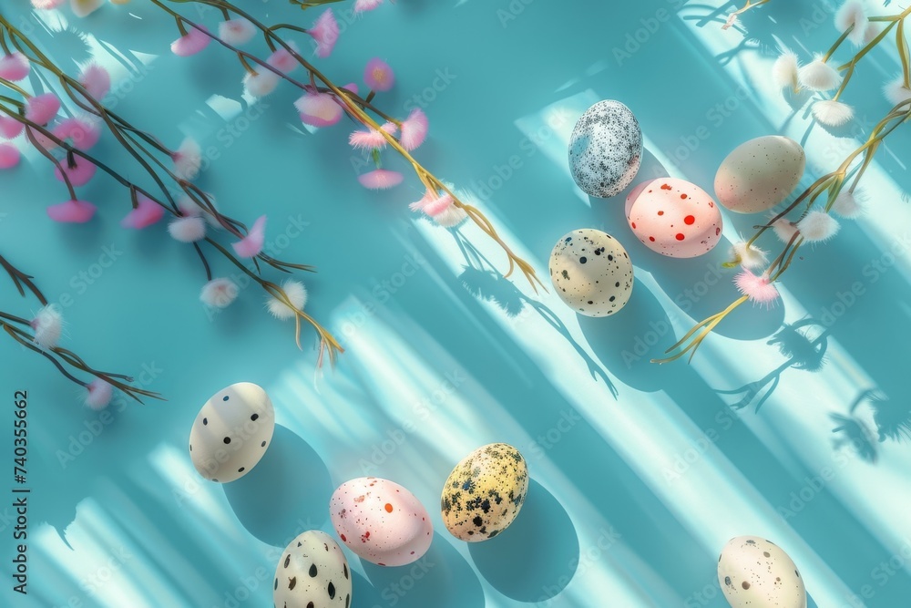 Obraz premium Happy Easter Eggs Basket tulip centerpieces. Bunny hopping in flower fuzzy toy decoration. Adorable hare 3d holy of holies rabbit illustration. Holy week easter hunt Procession card Turquoise Haze