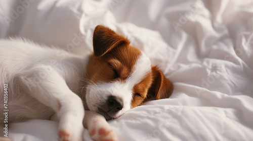 Cute dog sleeping blissfully on white bed with blanket   copy space for text placement © Andrei