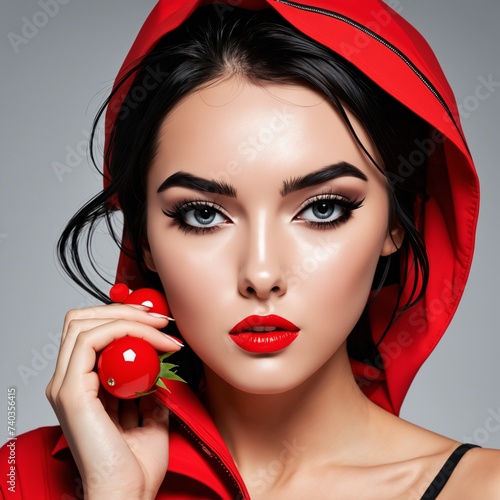 Portrait of a Woman Wearing a Red Hood Holding a Red Berry