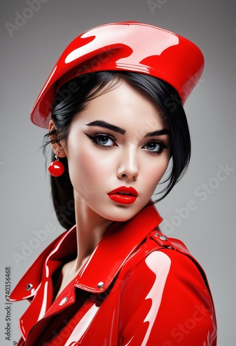 Stylish Woman in Hat and Red Glossy Outfit with Red Ball Earing