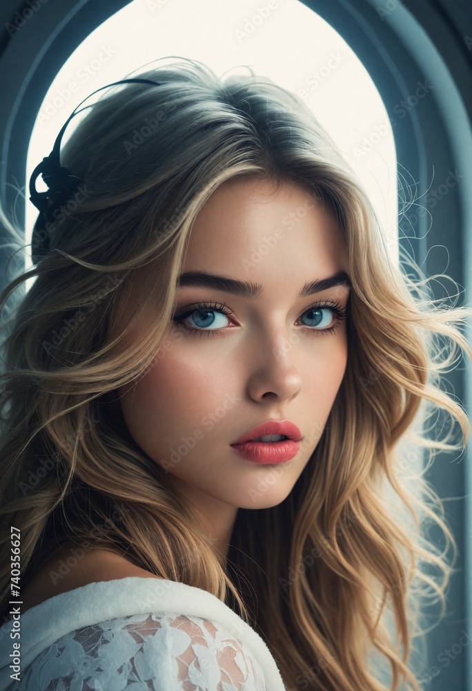 Naklejka premium Portrait of a Young Woman with Blue Eyes and Blonde Hair