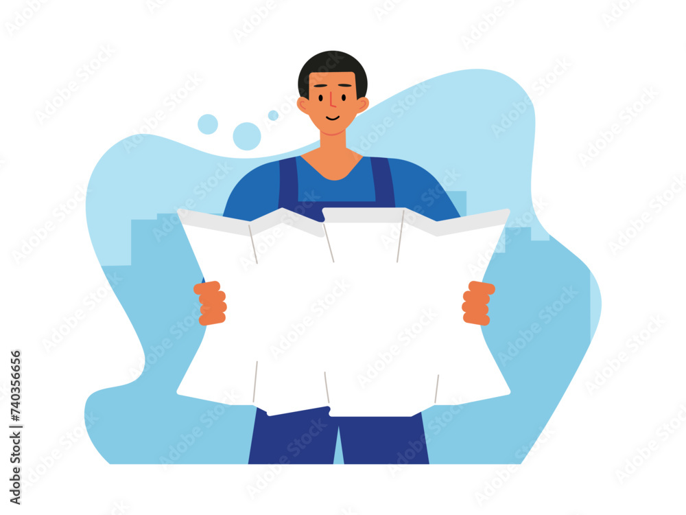 Professional civil engineer holding building plan in his hand. Builder vector illustration.
Professional civil engineer holding building plan in his hand. Builder vector illustration.