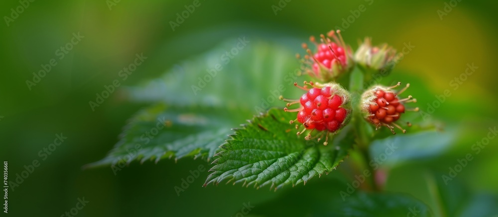 Vibrant close up of a ripe red berry resting on a lush green leaf in the garden Vibrant close up of a ripe red berry resting on a lush green leaf in the garden