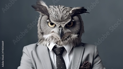 Anthropomorphic owl in business suit  studio shot in corporate setting with copy space for text.