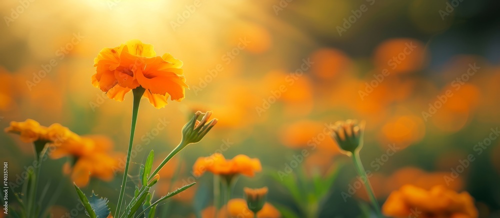 A vibrant field of orange flowers under the warm sun, creating a stunning natural landscape in the grassland. The sky above contrasts beautifully with the colorful petals of the herbaceous plants