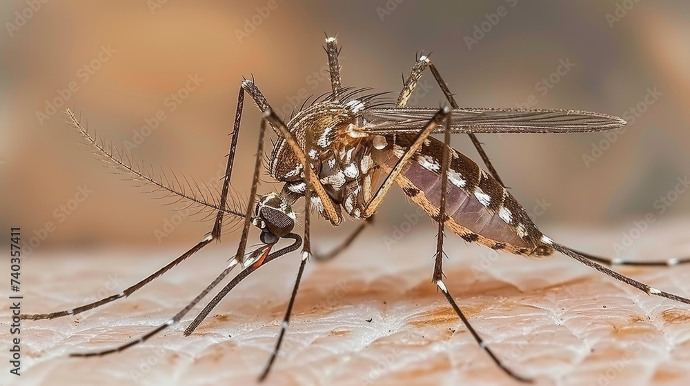 Close up view of mosquito sucking blood on human hand with copy space for text placement Close up view of mosquito sucking blood on human hand with copy space for text placement