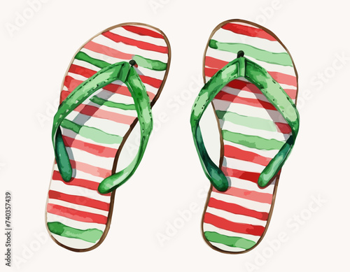 Watercolor hand drawn green flip flops pair with red stripes isolated on white background
