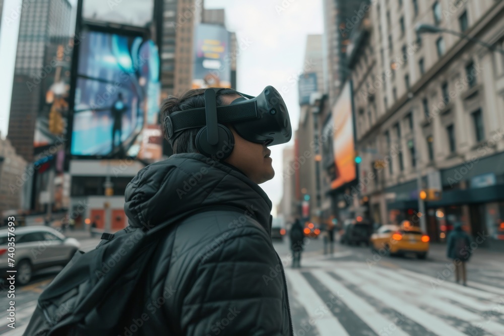 Person with VR headset on urban street Person with VR headset on urban street