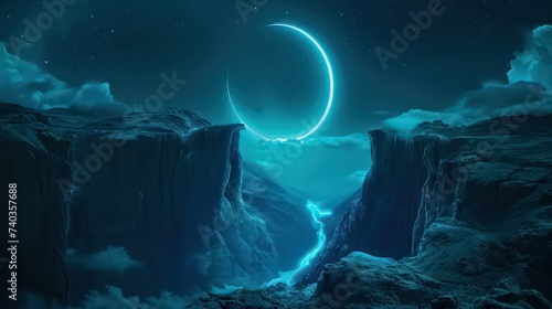 Fantasy night landscape with a crescent moon, a large fault in the earth, a ravine, blue neon. 3D illustration