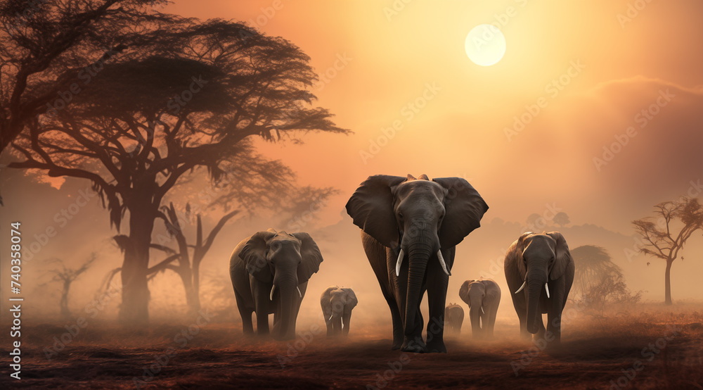 Gruppe von Elefanten in der Savanne, Elefantenfamilie in beeindruckendem Licht in der Steppe - obrazy, fototapety, plakaty 