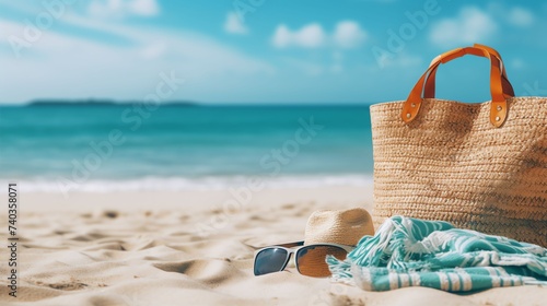 A close-up of travel beach goods on immaculate sand against a peaceful Pacific ocean with turquoise waves