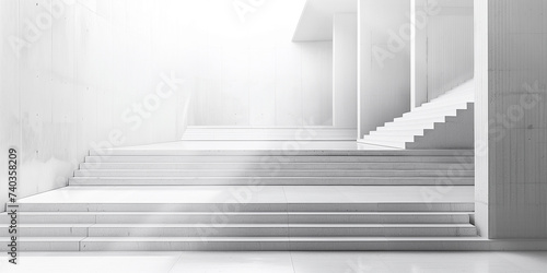 A contemporary concrete staircase casting shadows in a high-contrast monochromatic architectural environment. White Concrete Simplicity, The essence of minimalism, clean lines.