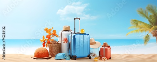 luggage with summer beach accessories and umbrella under the palm tree with light blue colorstudio background