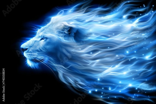 Luminous leo zodiac sign in vector style, shining blue isolated on black background photo