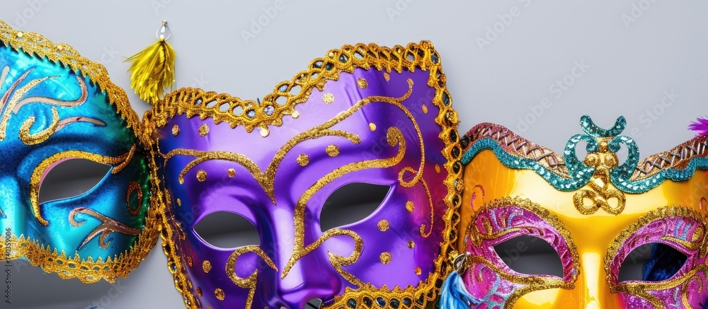 Three different colored Mardi Gras masks are hanging on a white wall, showcasing the festive and vibrant celebration of Mardi Gras.