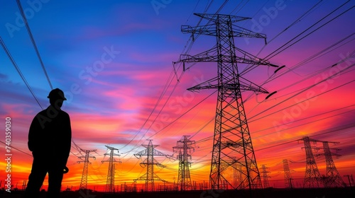 Professional male technician repairing high voltage power lines on transmission tower