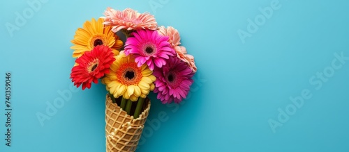 Delicate bouquet of fresh flowers arranged in a crispy waffle cone on a vibrant blue background photo
