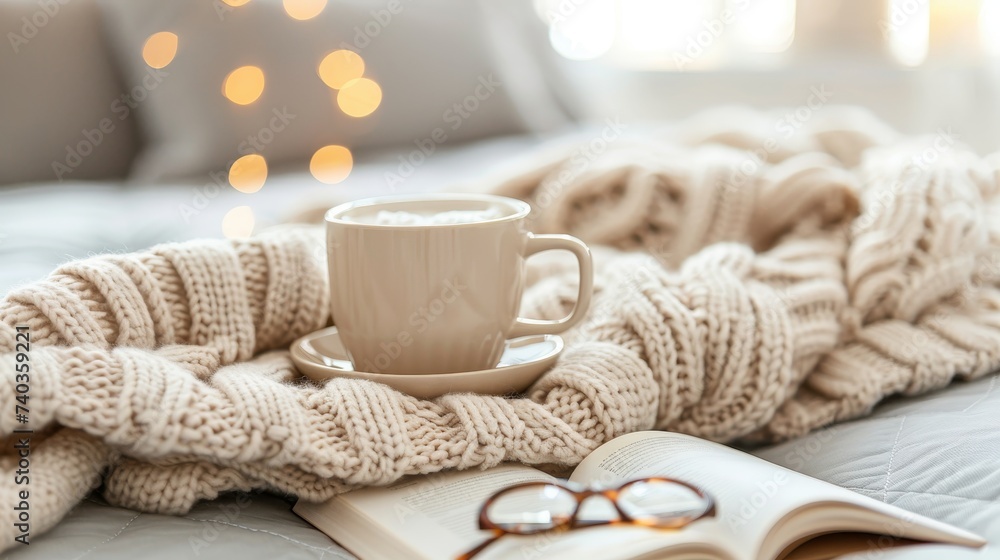 Cozy hygge concept beige sweater, tea or coffee mug, book, glasses on gray bed for comfy home vibes.