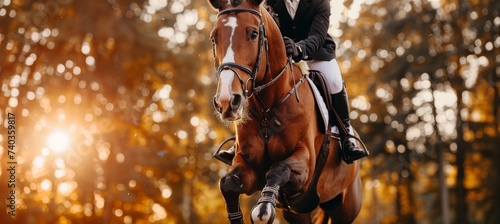Equestrian rider in mid jump, showcasing precision and athleticism, with space for text placement. photo