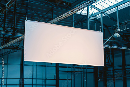 Blank Canvas in Industrial Chic: A pristine white banner hangs in a spacious warehouse, bathed in natural light, ready for your message or design.