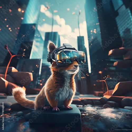 Cute Squirrel with VR glasses in sci fi city