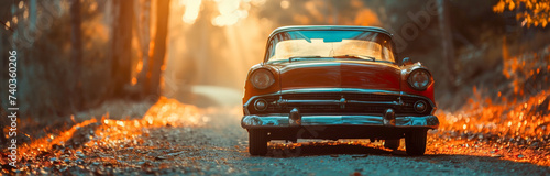 Red retro car on road against golden time in summer, copy space