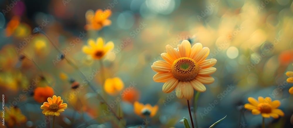 Vibrant yellow flower blooming in a beautiful field of colorful flowers under the sun Vibrant yellow flower blooming in a beautiful field of colorful flowers under the sun