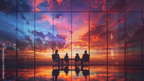 People Silhouettes in A Meeting Room with A Beautiful Colorful Sky on Window 