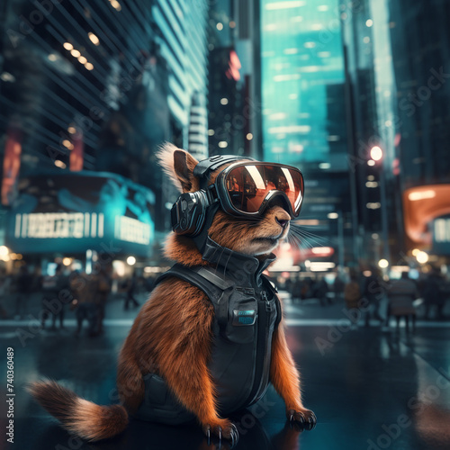 Squirrel in a futuristic city with VR glasses