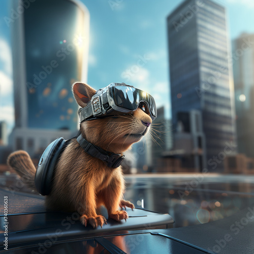 Squirrel in a futuristic city with VR glasses