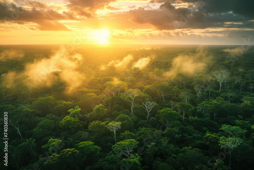 Amazon Aerial Symphony: A Mesmerizing Sunset Over the Vast Amazon Rainforest, Unveiling the Rich Biodiversity of Brazil, Peru, Colombia, and Other Amazonia Countries © Mr. Bolota