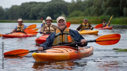 Joyful seniors kayaking on river or sea during vacation, embracing nature and adventure with smiles.