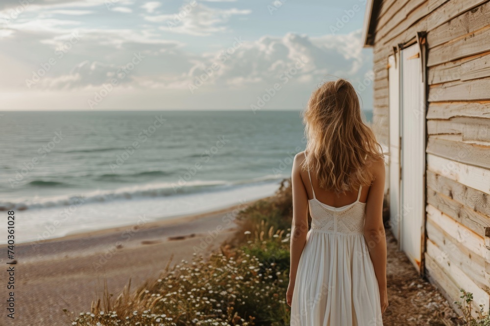 Woman in a white dress by the sea near a house