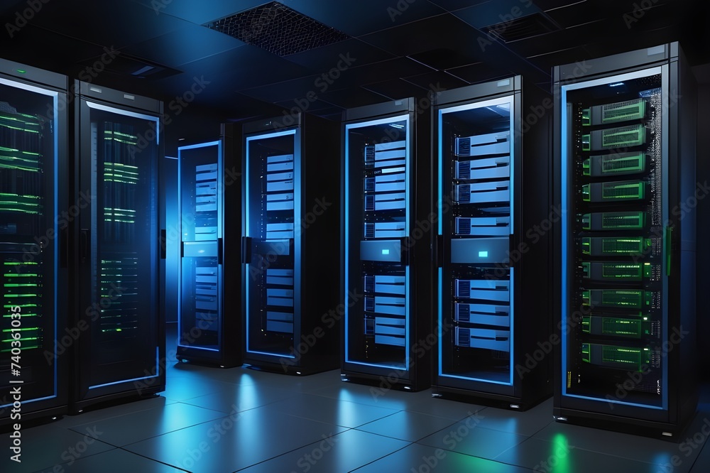 Modern Data Technology Center Server Racks in Dark Room with VFX. Modern Data Technology Center Server Racks in Dark Room with VFX.