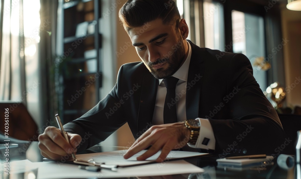 A businessman wearing suit is sitting at the table and signing the contract