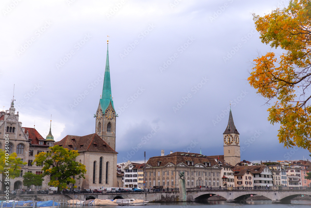 Zurich, Switzerland. Image captured the famous St.Peter and Fraumunster church in autumn . 