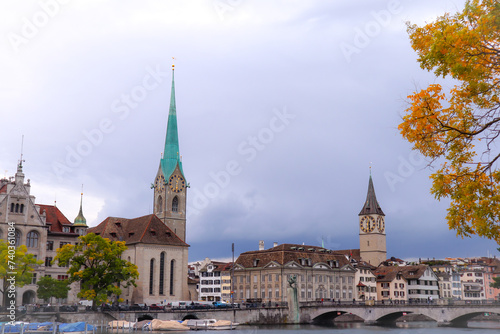 Zurich, Switzerland. Image captured the famous St.Peter and Fraumunster church in autumn . 