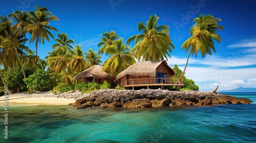 Beautiful view of island Beach  palm trees  clear sky. View of paradise beach. Exotic tourism  relaxing in the sea