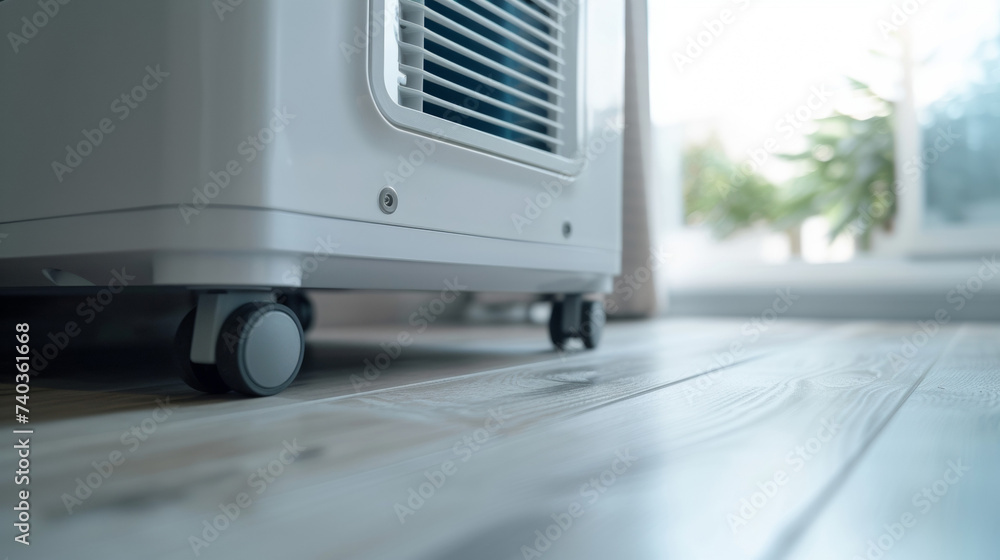 The smooth casters on the bottom of a portable air conditioner allowing for easy movement from room to room. The smooth casters on the bottom of a portable air conditioner allowing for easy movement from room to room.