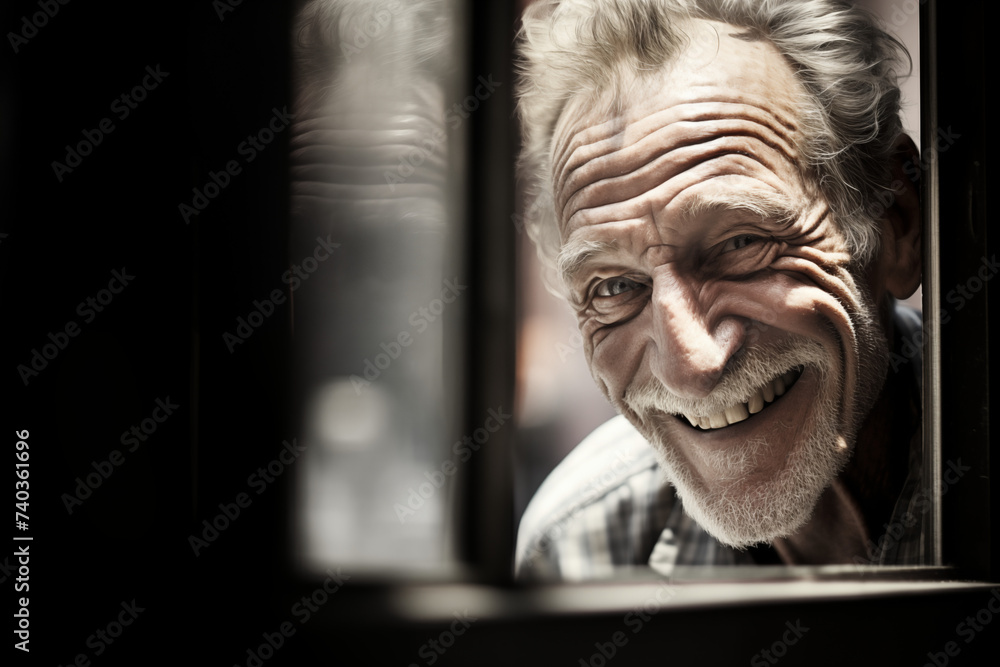 Mann reflektiert in Fensterscheibe, Reflektion in Glas, lachender Mann, Lächeln - obrazy, fototapety, plakaty 