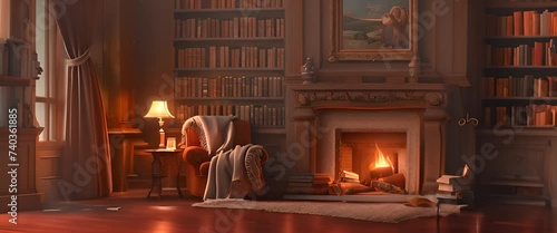 Inviting Home Library with Fireplace and Reading Chair with AI generated. photo