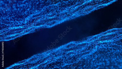 3D abstract digital technology animated blue light particles on blue background.