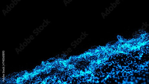 3D abstract digital technology animated blue light particles on black background.