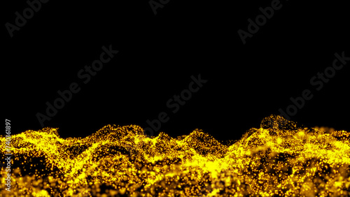 3D abstract digital technology animated yellow-orange light particles on black background.