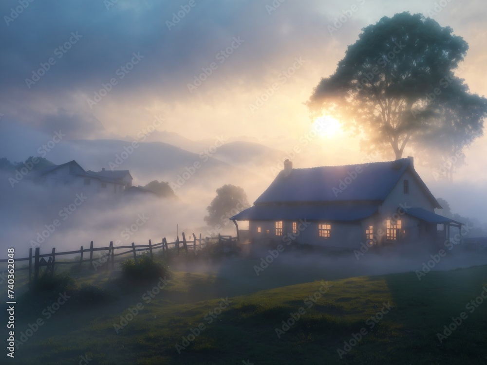 Foggy Reverie Unveiled: AI-Infused Dreamscape in Village Photography, Revel in the Captivating Transition as Morning Sun Unveils a Dreamlike Village, Enhanced Atmospheric Effects and Soft Transitions 