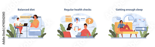 Healthy Life trio set. Visuals on balanced diet, regular health checks, and proper sleep.