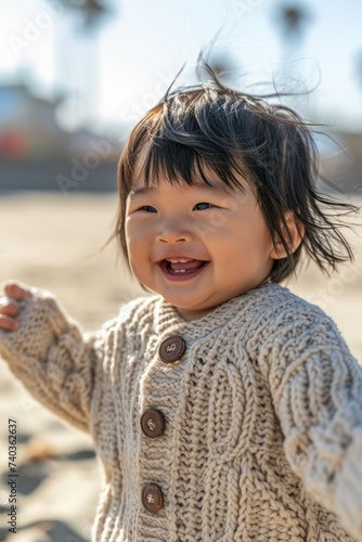 Japanese girl (2 years old) playing on the beach (1 year old)