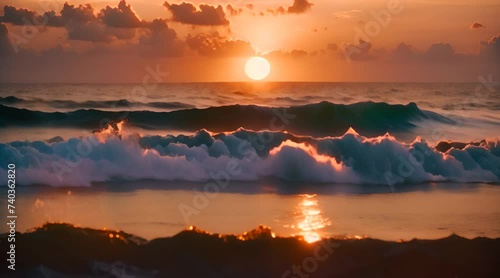 Tropical ocean beach and beautiful color sunrise or sunset over sea shore photo
